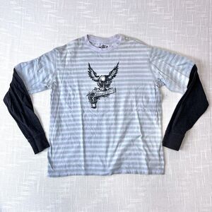 Y2K Route 66 Striped LS Skull Wings T Shirt L Green Gray Skater Surfer Grunge